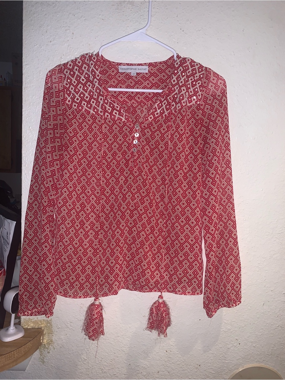 Christopher & Banks Red Geometric Tassel Peasant Top